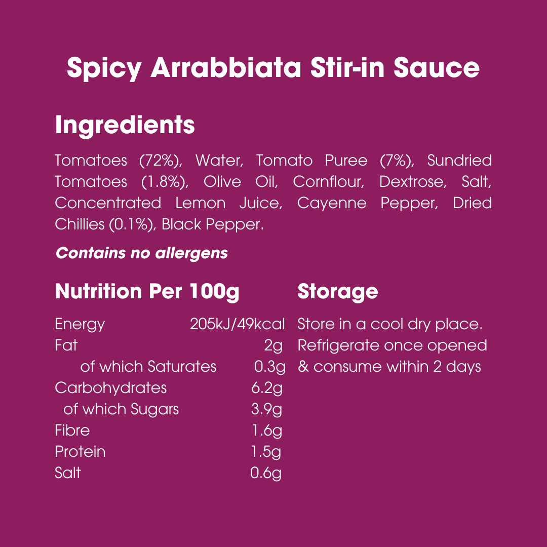 Spicy Arrabbiata Stir-in Sauce 260g – Low FODMAP, Gluten Free & Vegan
