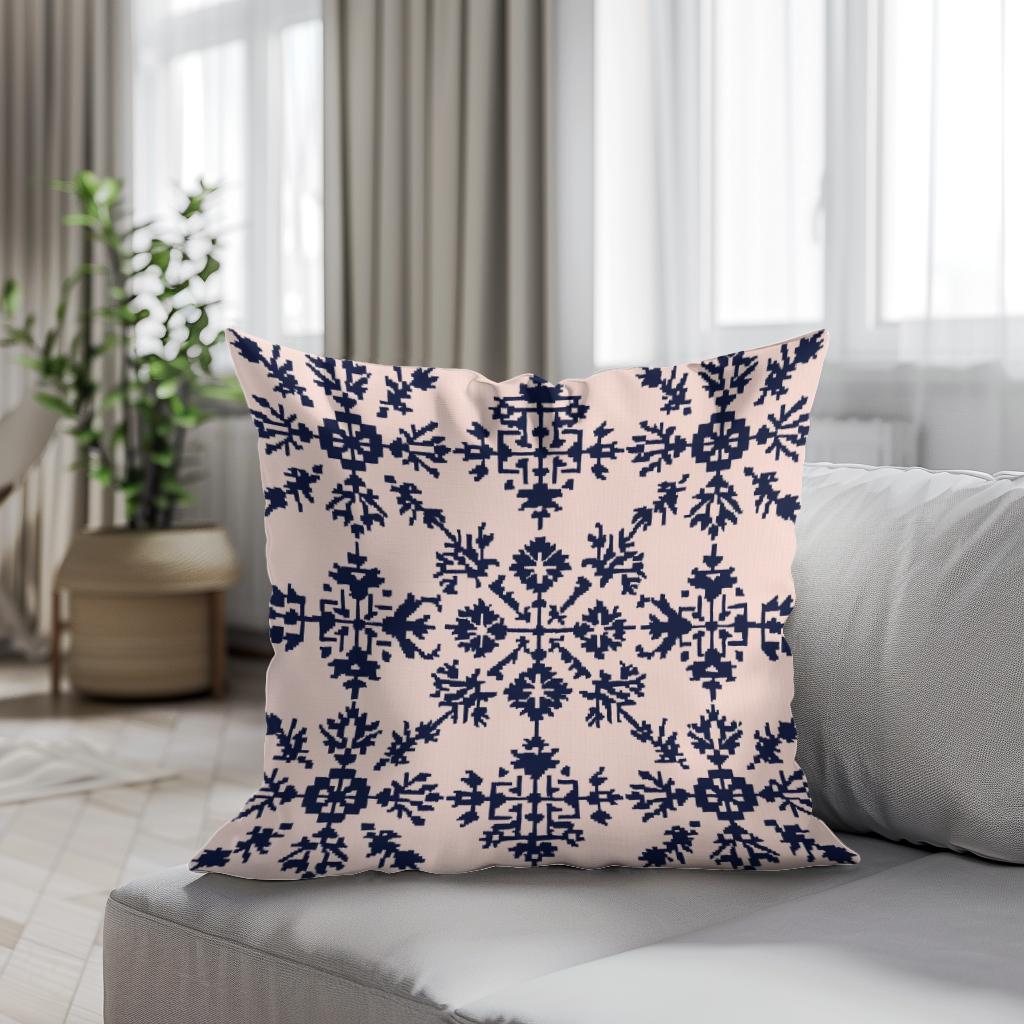 Blush Pink and Navy Modern Folk Art Cotton Cushion