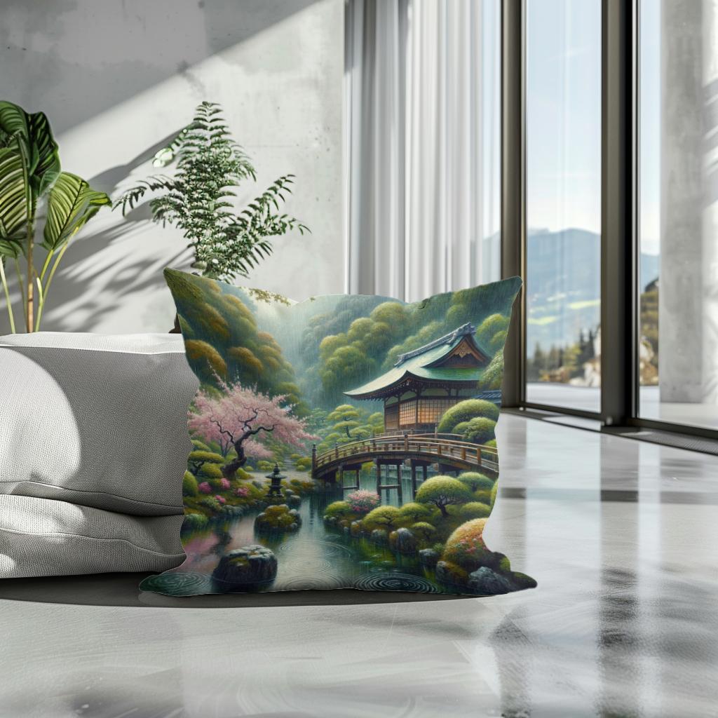 Tranquil Rain in Kyoto Cotton Cushion