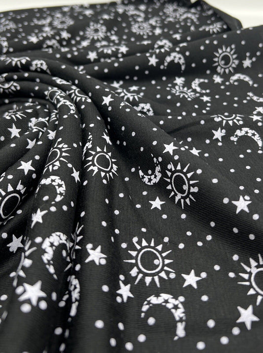 Star Moon Print Viscose Elastane Fabric