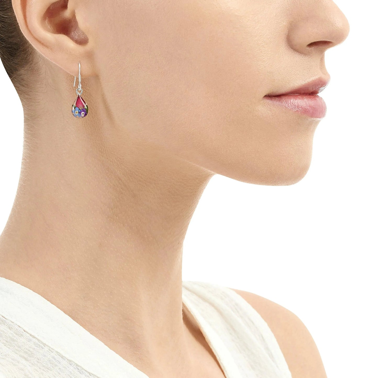 Sterling silver teardrop dangle earrings handmade with real flowers. Natural floral jewellery by  Shrieking Violet®