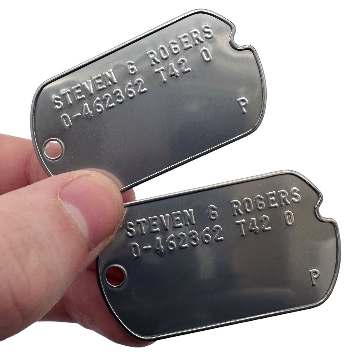 Steven Rogers 'Captain America' WWII Style Military Dog Tags Prop Replica - Notched pre 1965 WW2 - Stainless Steel - Chain Included