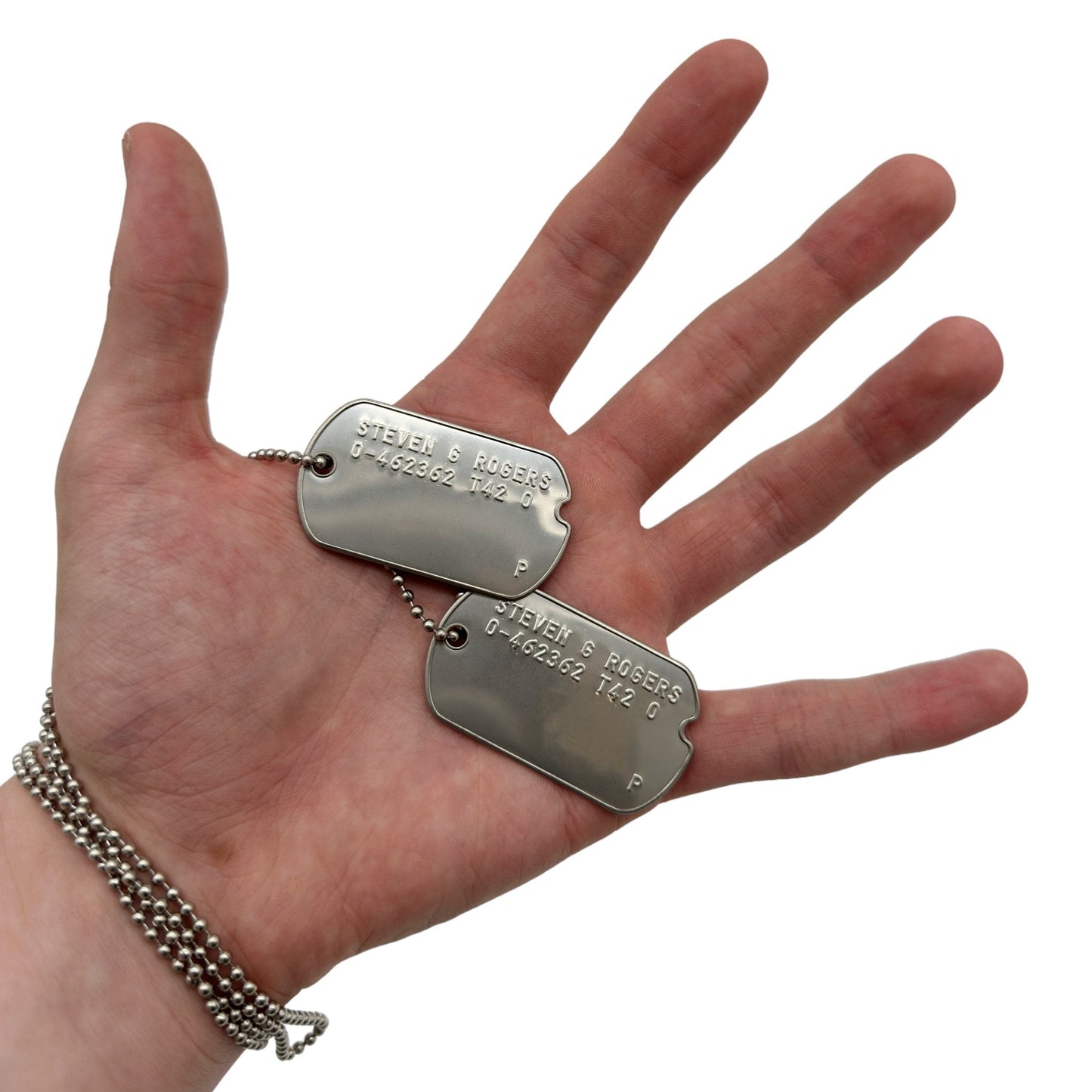 Steven Rogers 'Captain America' WWII Style Military Dog Tags Prop Replica - Notched pre 1965 WW2 - Stainless Steel - Chain Included