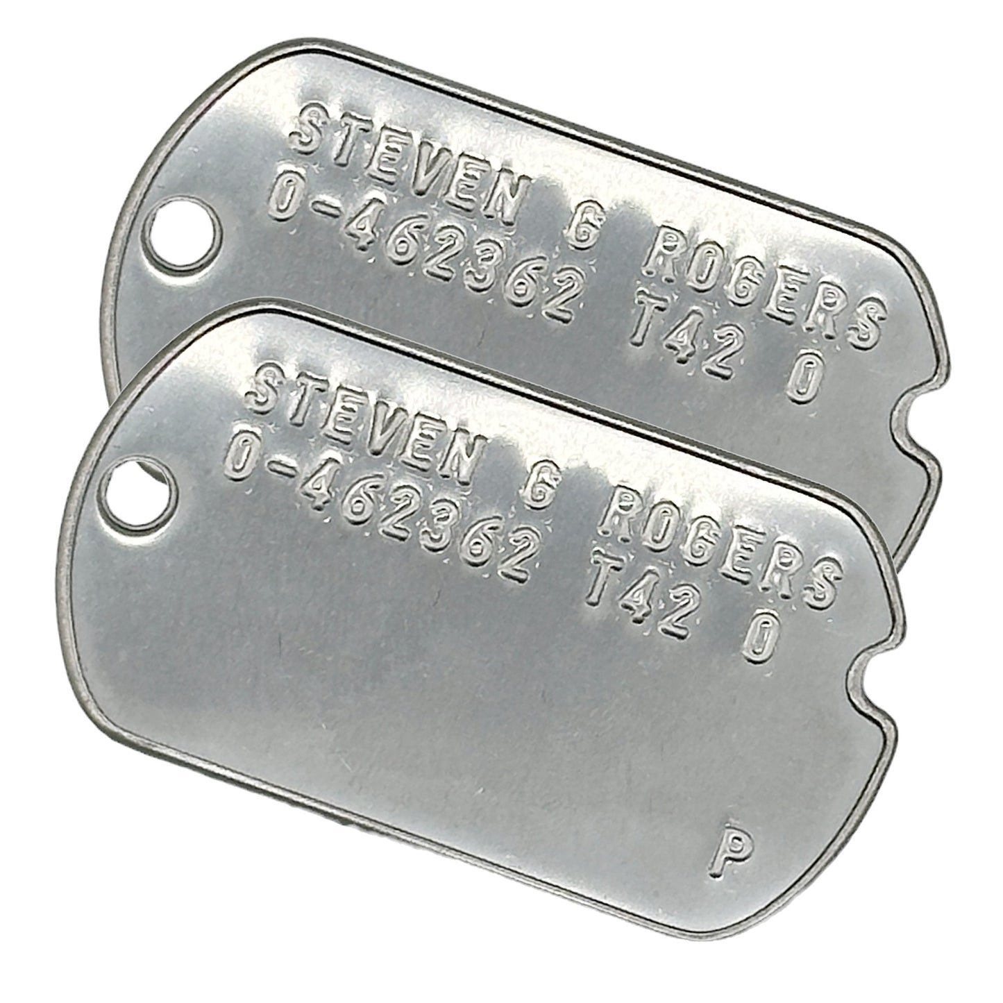 Steven Rogers 'Captain America' WWII Style Military Dog Tags Prop Replica - Notched pre 1965 WW2 - Stainless Steel - Chain Included