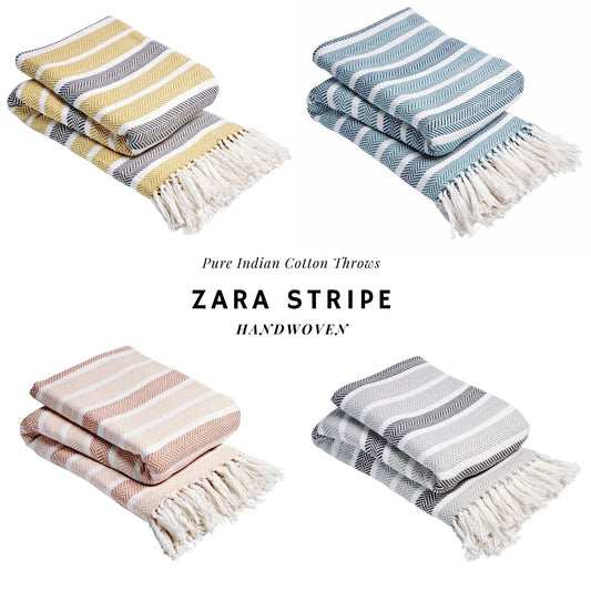 Stripe Handwoven Pure Cotton Throw Blanket with Tassells Eco-Friendly Perfect for Sofa Bed and Home Decor Available in Multiple Sizes and Calming Colours by OLIVIA ROCCO