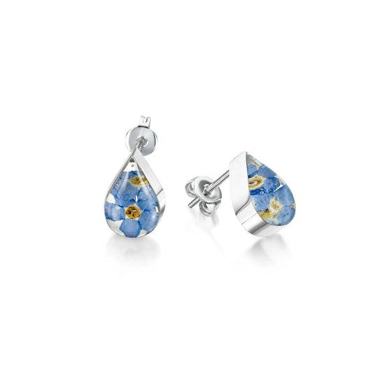 Stud earrings with real Forget-me-nots by  Shrieking Violet® Sterling silver teardrop stud earrings handmade with real flowers. Gift for mum or nan
