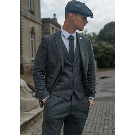 STZ11 - Men's Grey Black 3 Piece Tweed Suit Herringbone Wool