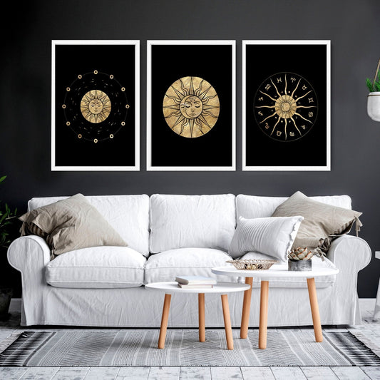 Sun and moon drawing  | set of 3 framed wall art