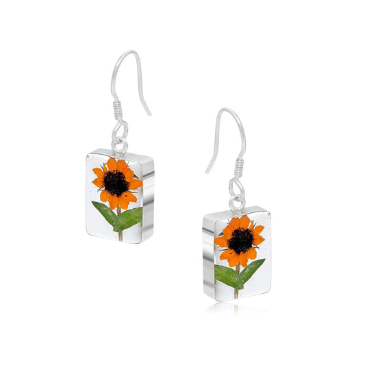 Sunflower earrings by  Shrieking Violet® Sterling silver dangle drop earrings with real mini sunflowers. Ideal gift for a special friend, mum, wife
