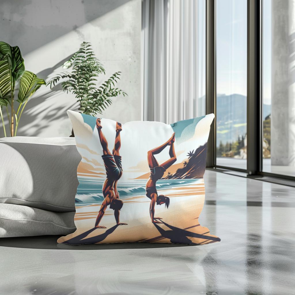 Seaside Acrobatics: Joyful Balance Cotton Cushion