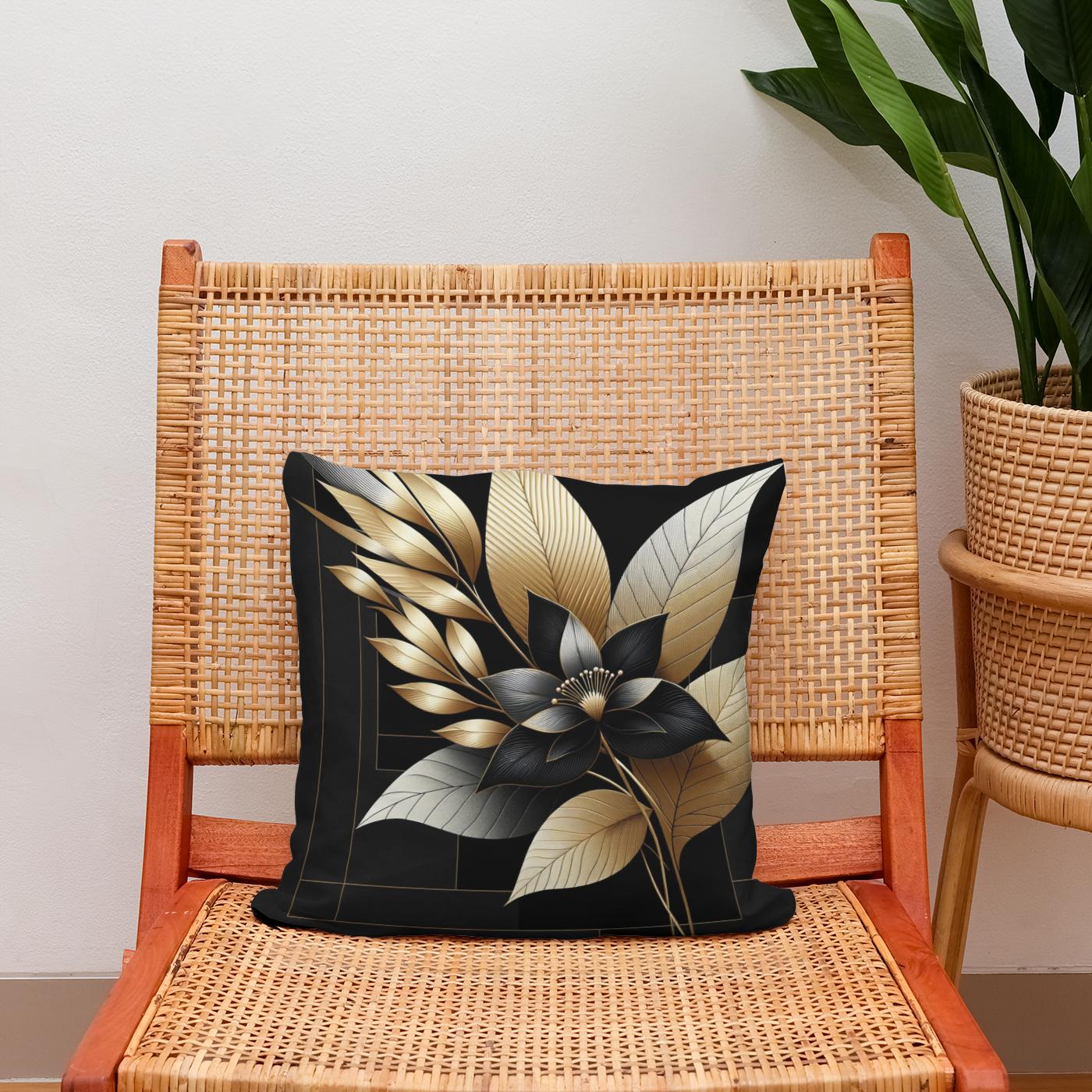 Golden Noir Floral Elegance Cotton Cushion