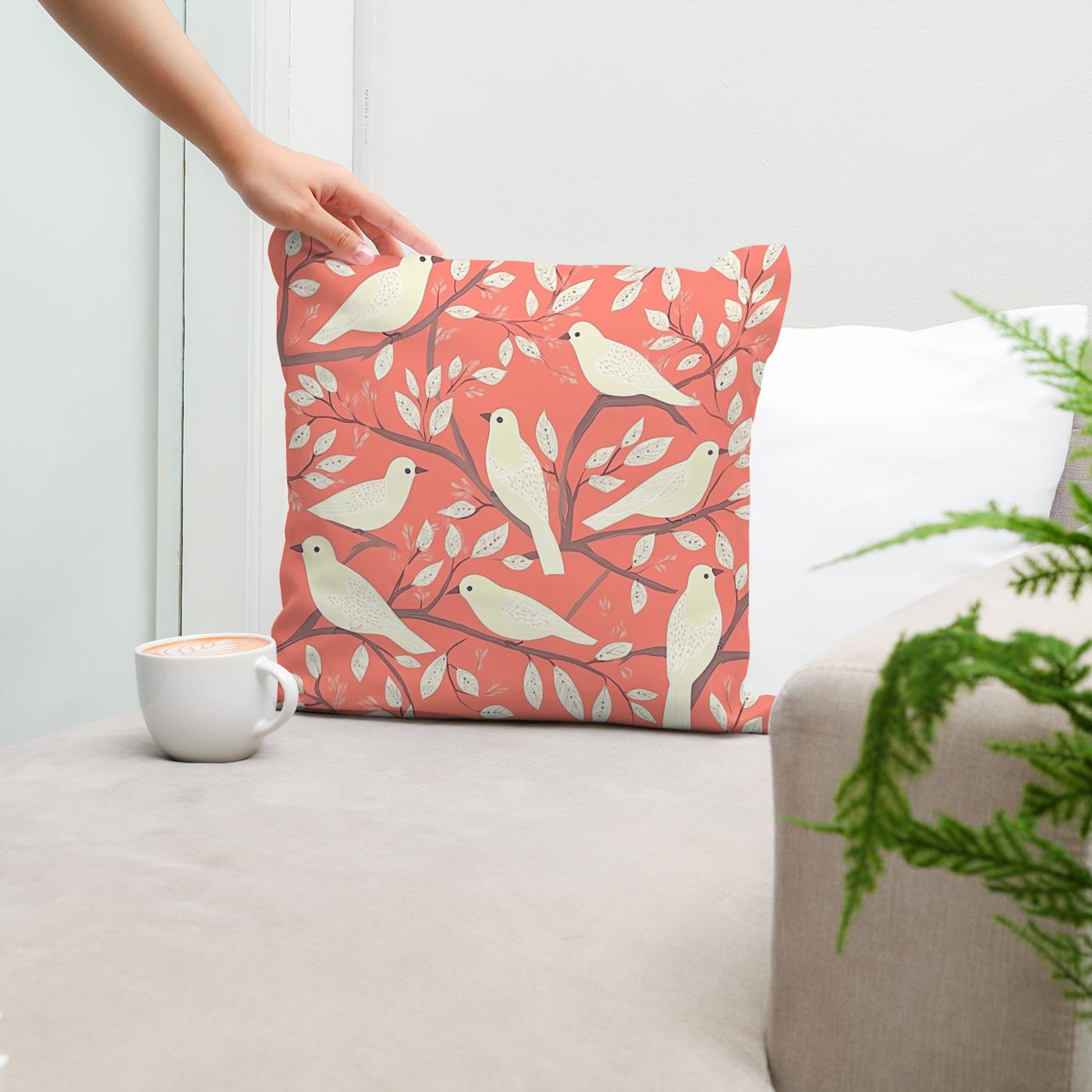 Coral Cream Bird Folk Art Cotton Cushion