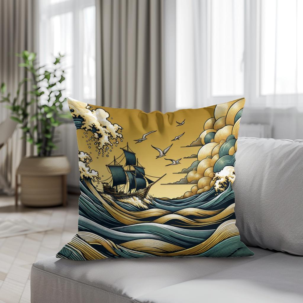 Golden Seascape Voyage Cotton Cushion