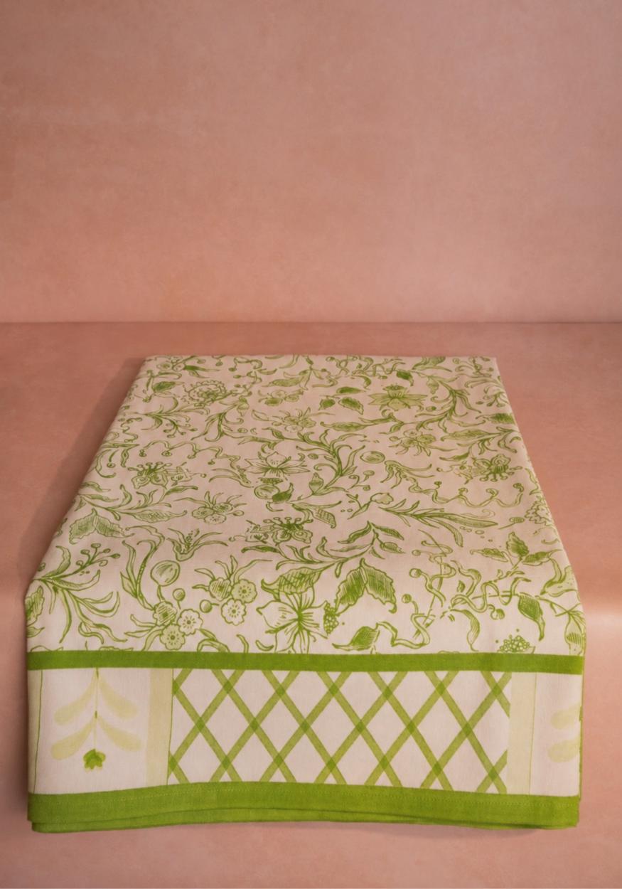 Pretty Meadow Green Floral Cotton Tablecloth