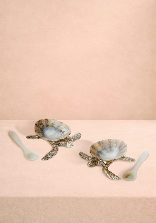 New Born Turtle Salt Cellar and Pepper Pots with Spoons - Pair