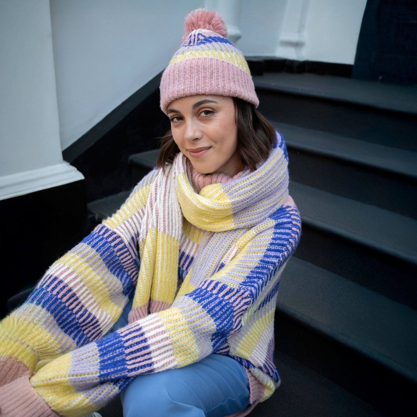 Tasha Oversized Balloon Sleeve Stripe Roll Neck Jumper - Pink