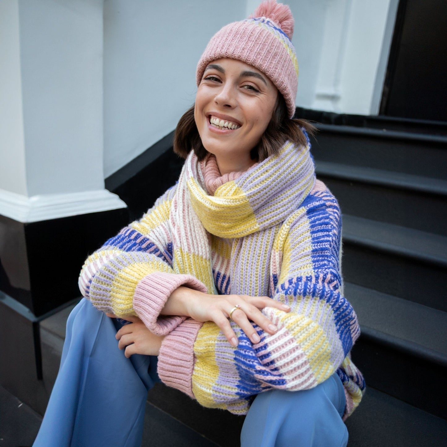 Tasha Oversized Balloon Sleeve Stripe Roll Neck Jumper - Pink