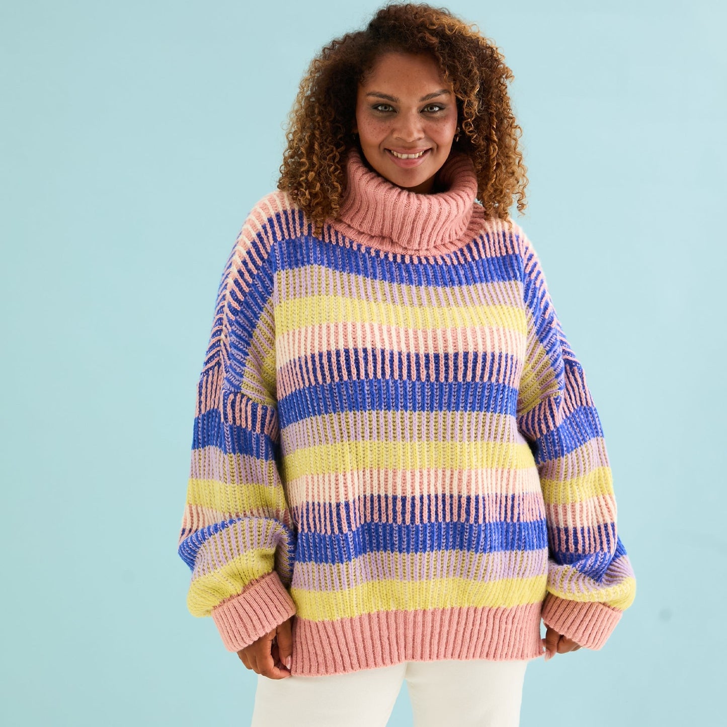 Tasha Oversized Balloon Sleeve Stripe Roll Neck Jumper - Pink