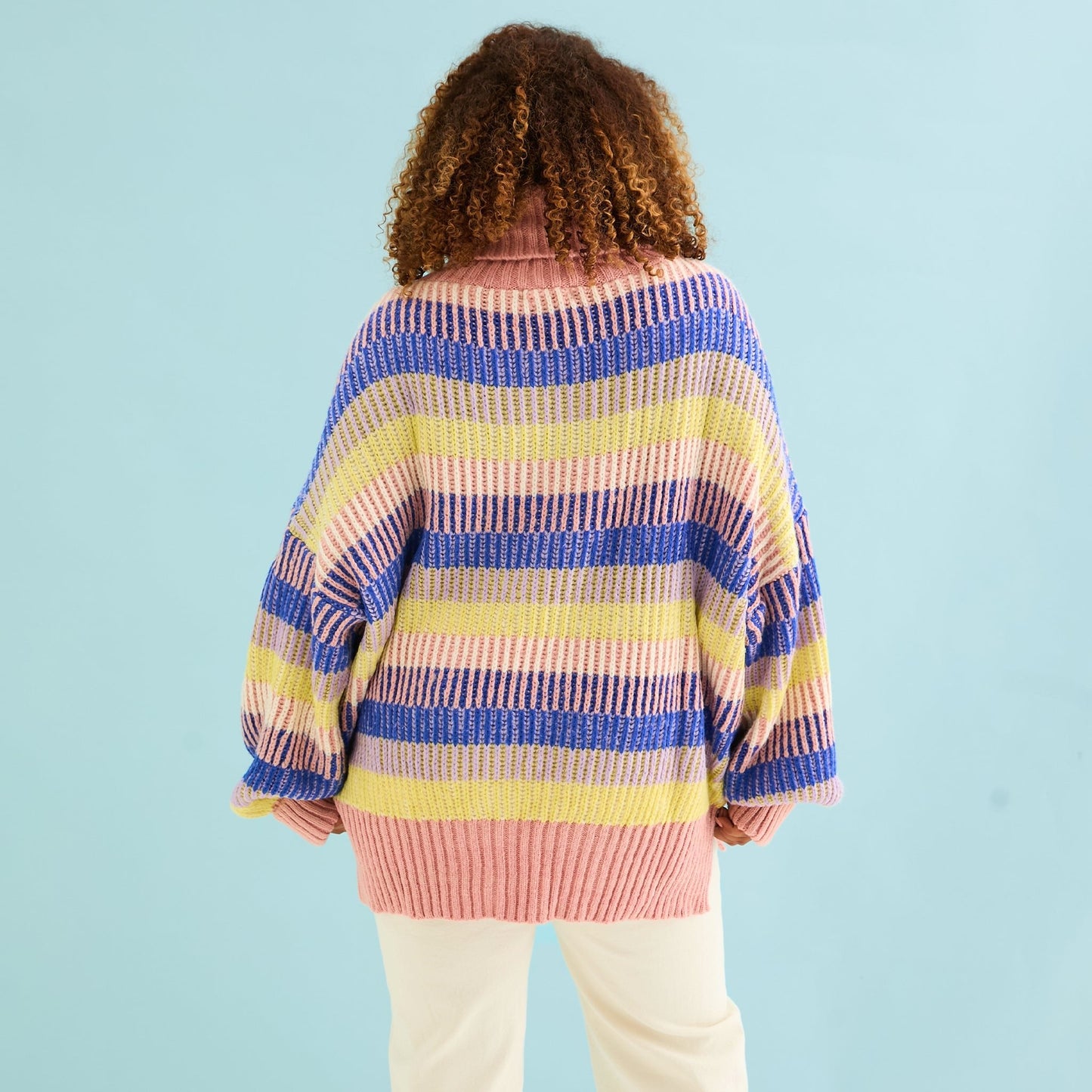 Tasha Oversized Balloon Sleeve Stripe Roll Neck Jumper - Pink
