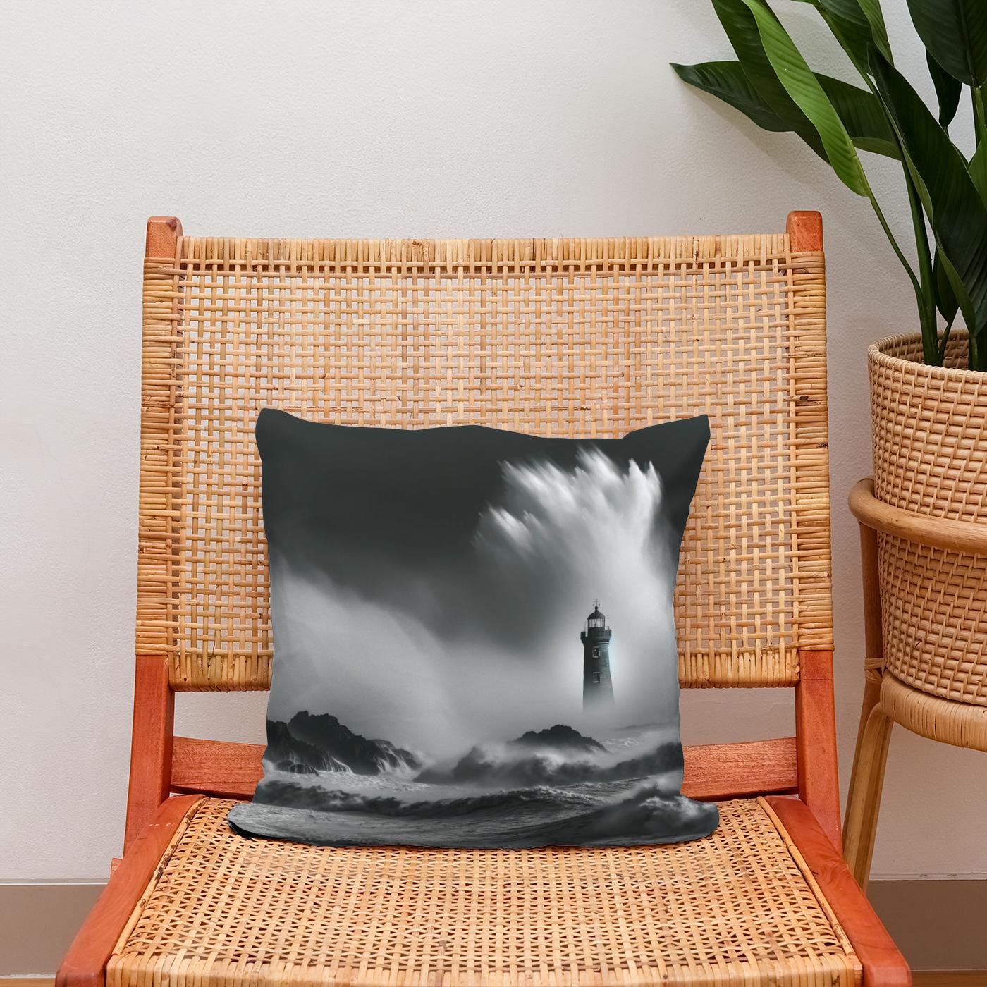 Solitary Beacon: Stormy Seas Cotton Cushion