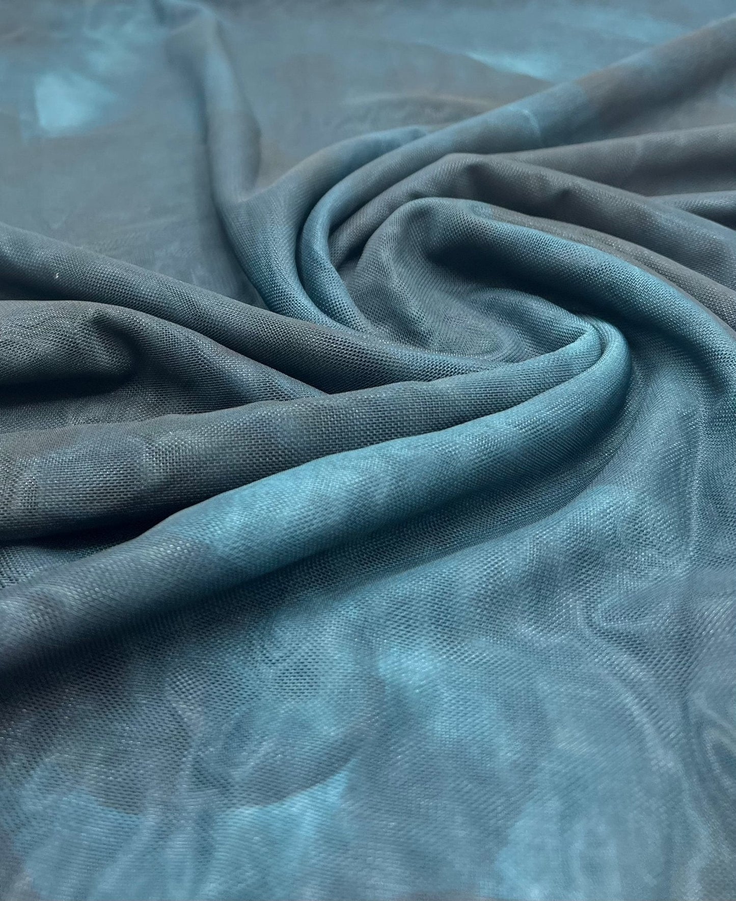 Teal Green Tie Dye Print Mesh Fabric Stretch