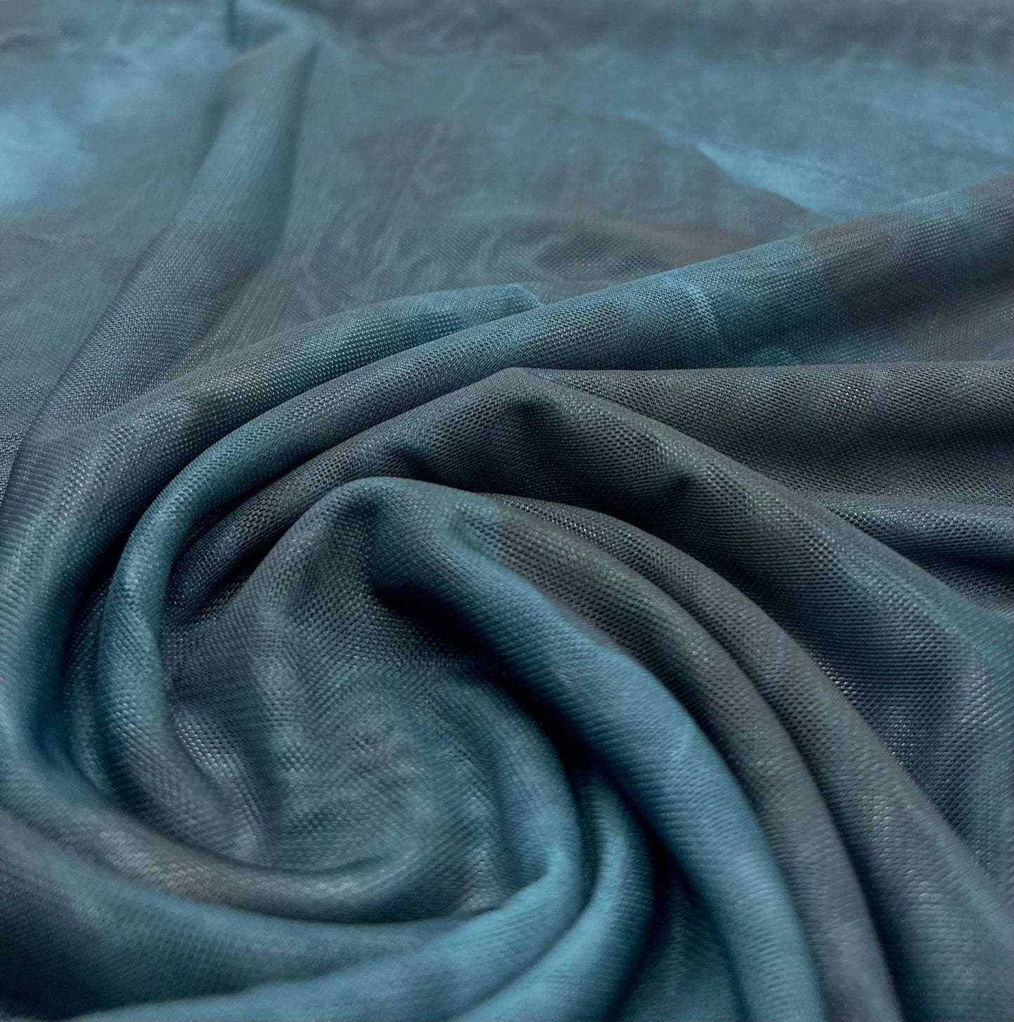 Teal Green Tie Dye Print Mesh Fabric Stretch
