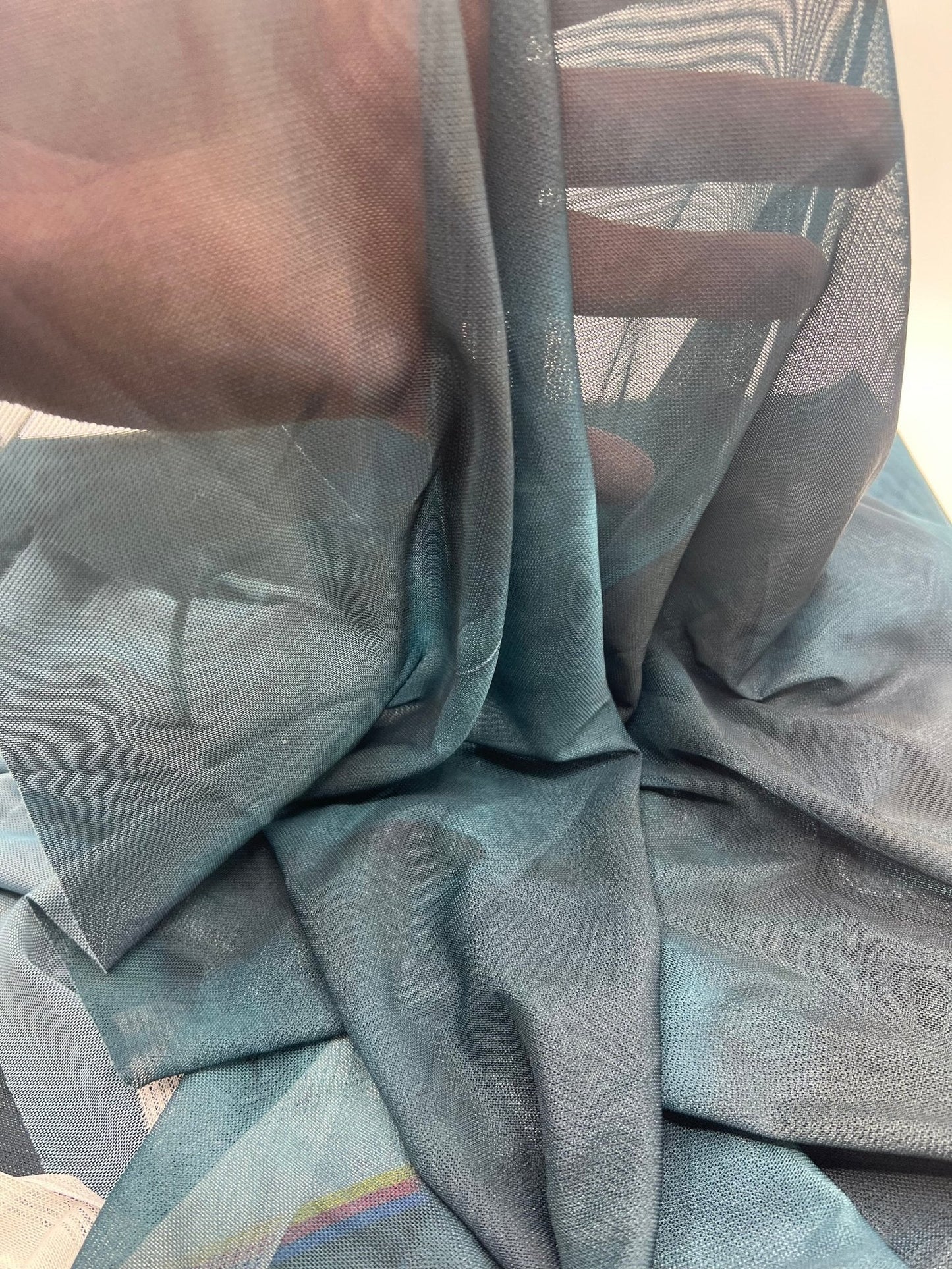 Teal Green Tie Dye Print Mesh Fabric Stretch
