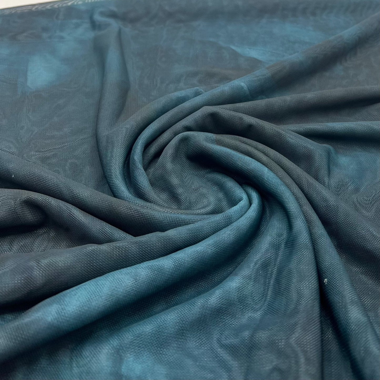 Teal Green Tie Dye Print Mesh Fabric Stretch