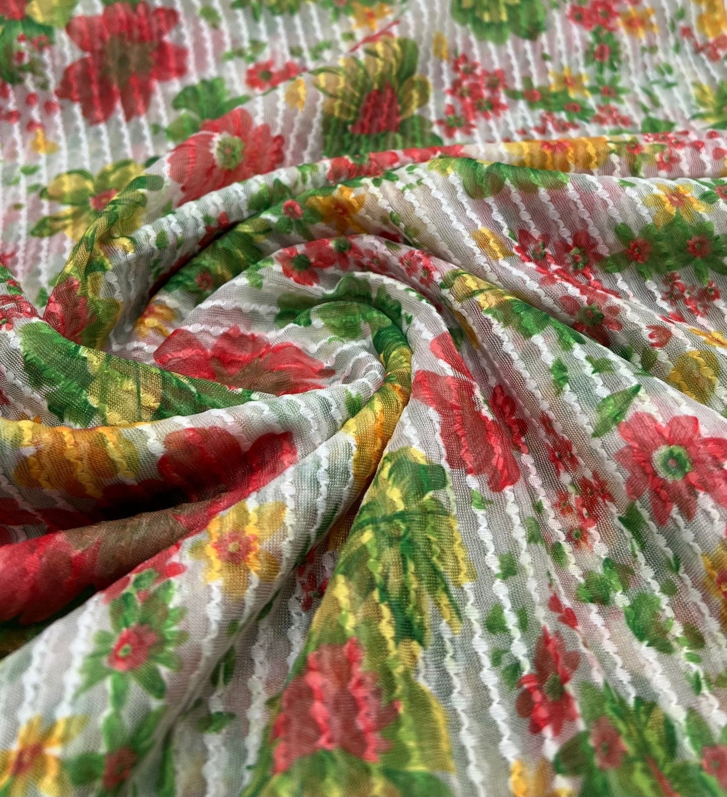 Textured Stripe Floral Print Mesh Fabric 2 Way Stretch