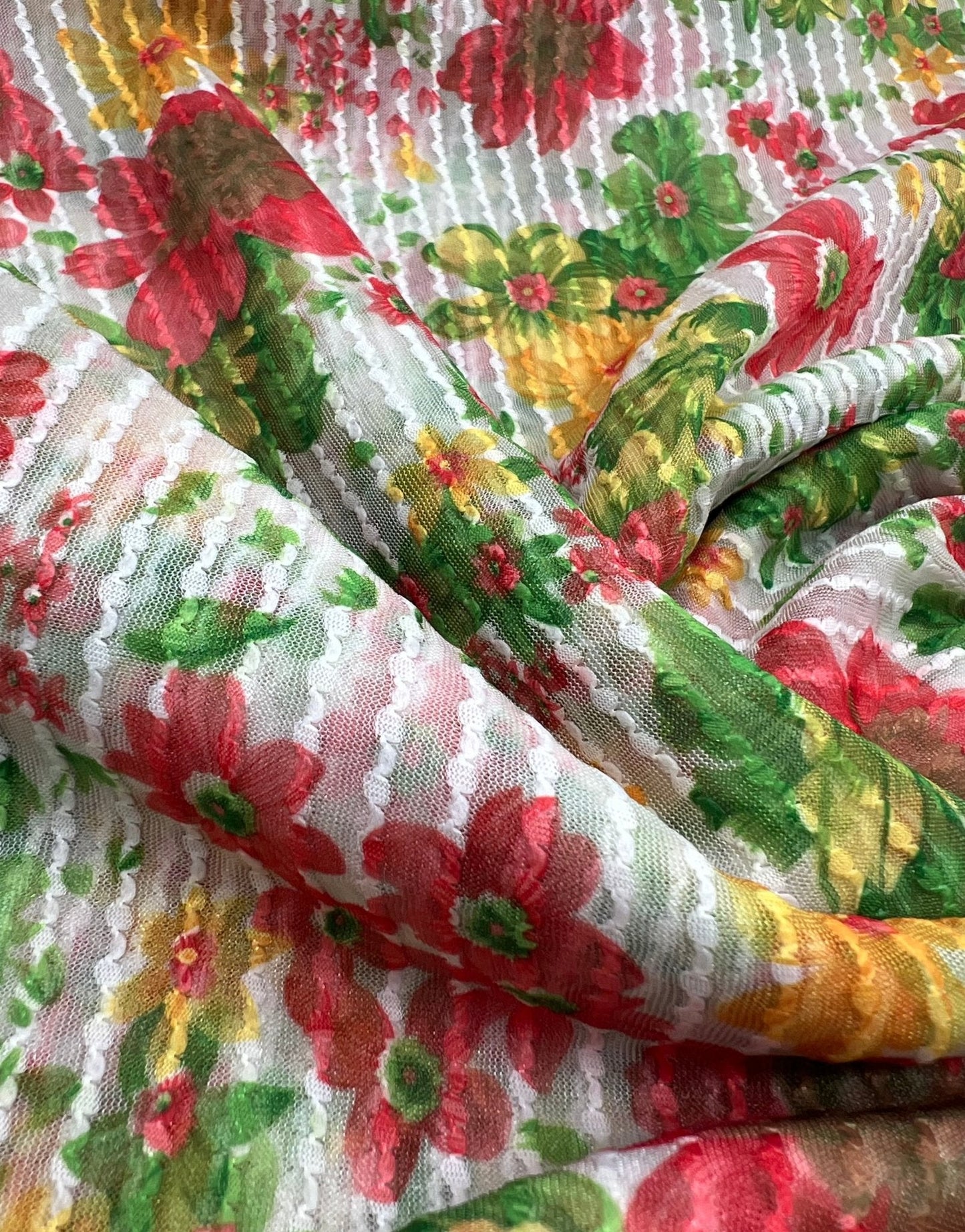 Textured Stripe Floral Print Mesh Fabric 2 Way Stretch