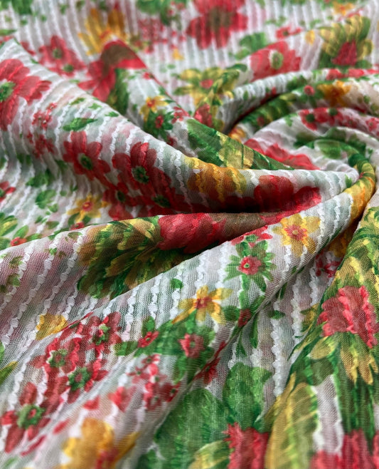 Textured Stripe Floral Print Mesh Fabric 2 Way Stretch