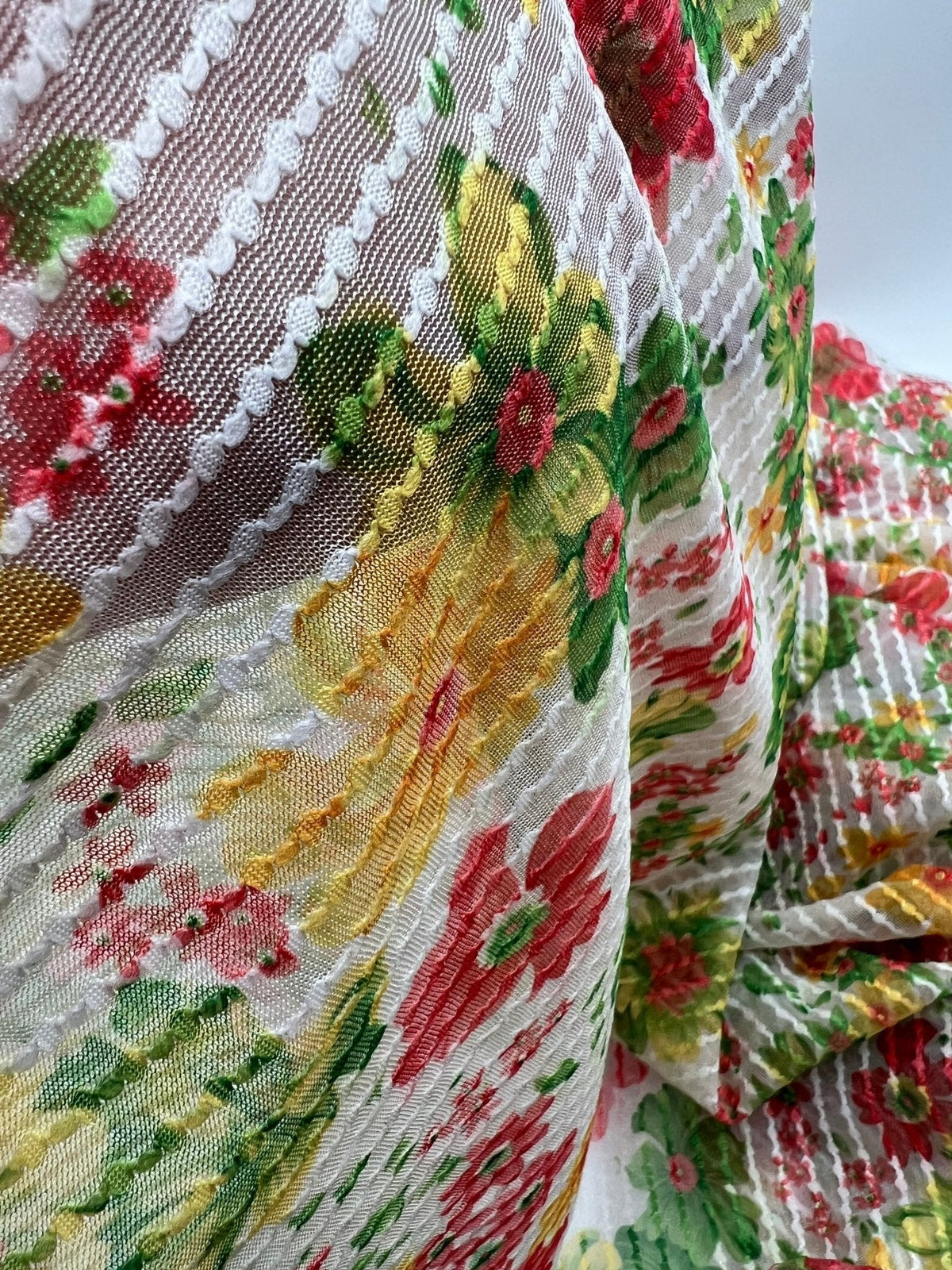 Textured Stripe Floral Print Mesh Fabric 2 Way Stretch