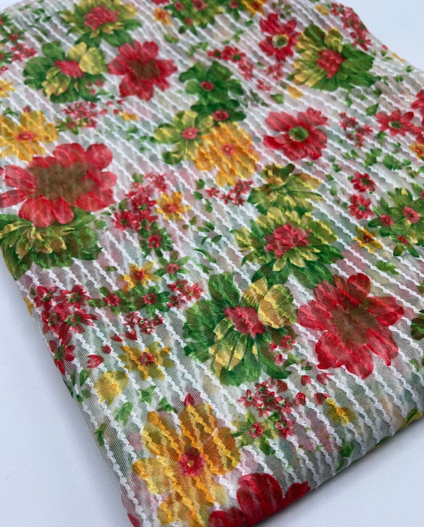 Textured Stripe Floral Print Mesh Fabric 2 Way Stretch