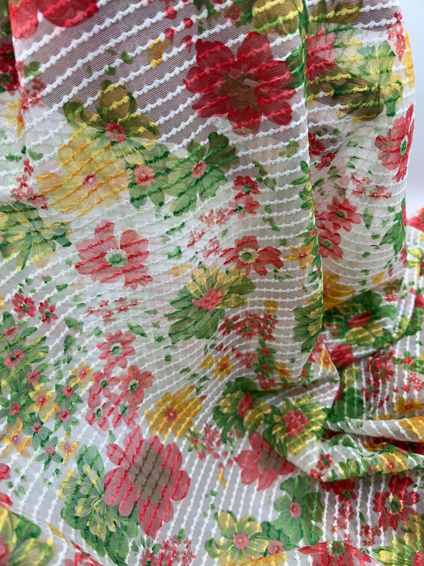 Textured Stripe Floral Print Mesh Fabric 2 Way Stretch