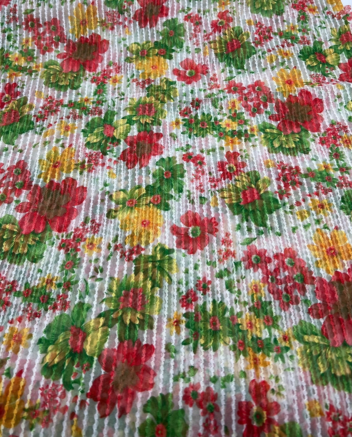 Textured Stripe Floral Print Mesh Fabric 2 Way Stretch
