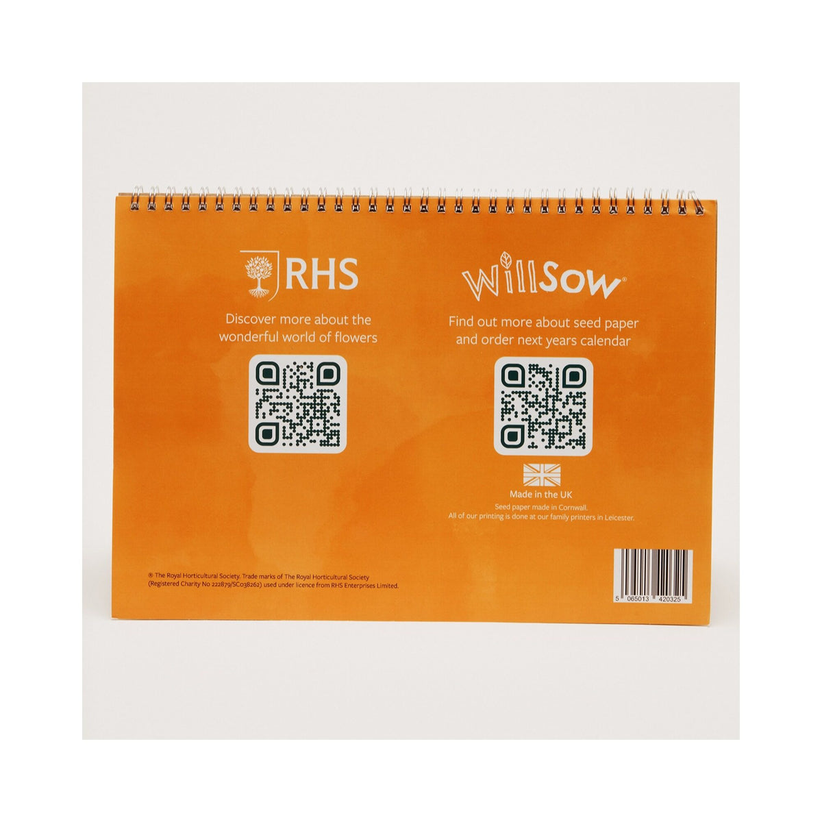 RHS & Willsow A5 Plantable Flower Desk Calendar 2027 back of pack
