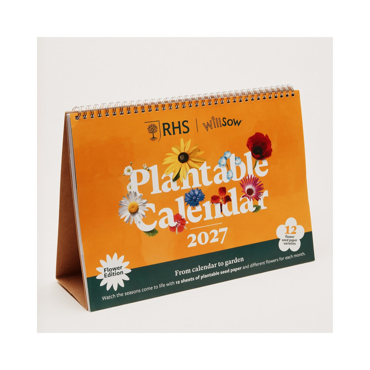RHS & Willsow A5 Plantable Flower Desk Calendar 2027 standing on its easel