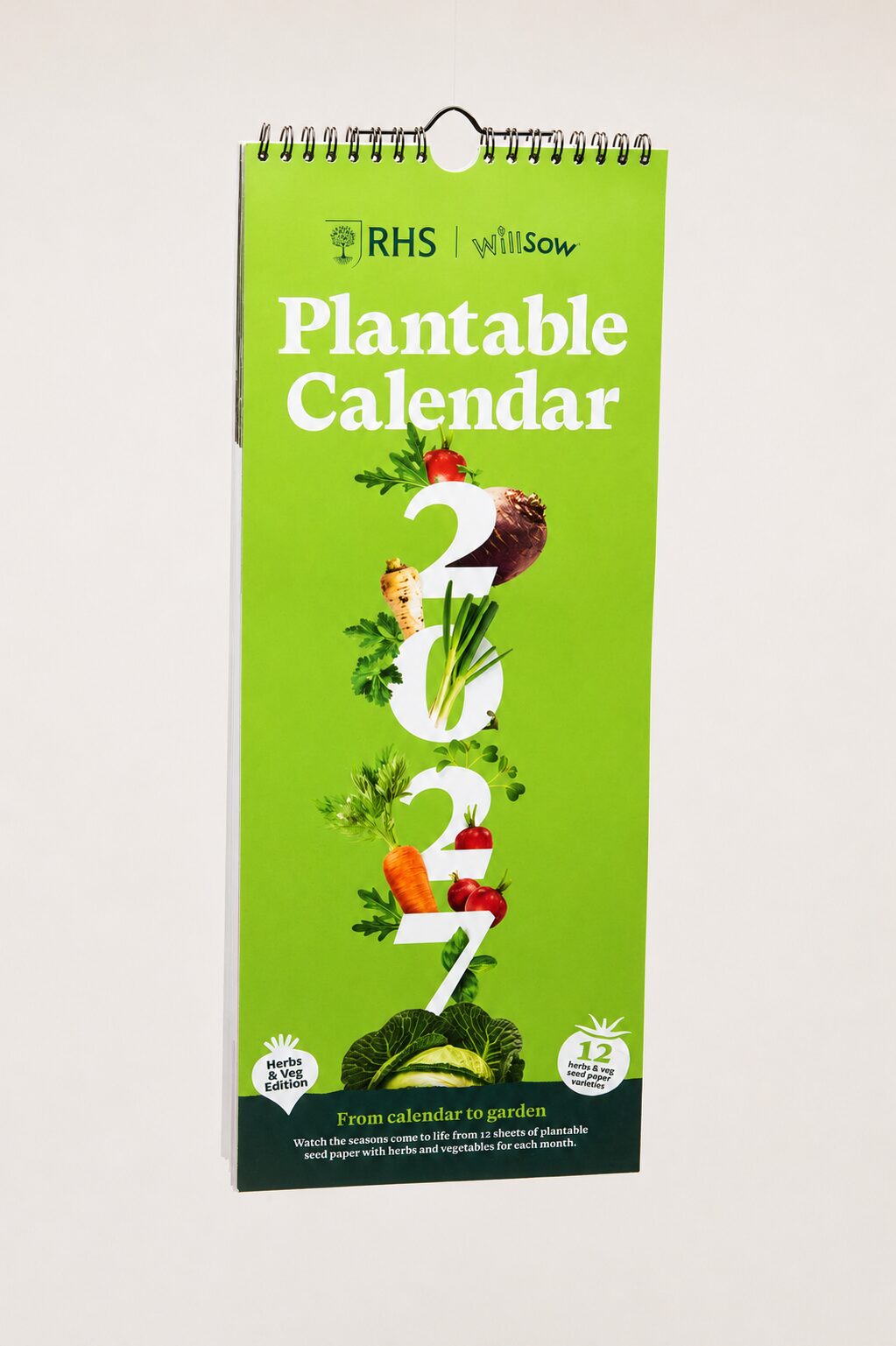RHS & Willsow Plantable Veg & Herb Wall Calendar 2027 slimline front cover