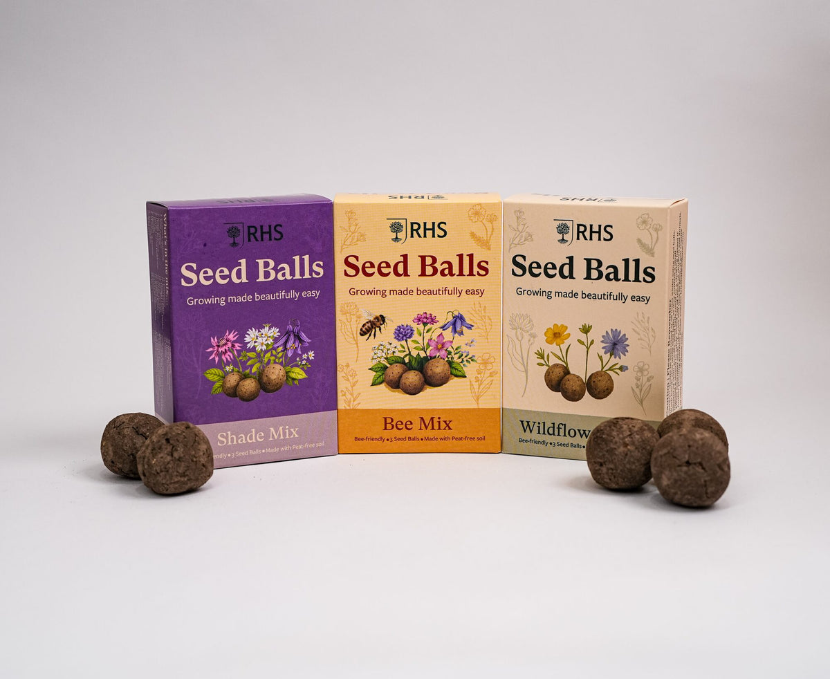 RHS & Willsow Seed Balls range: Shade, Bee and Wildflower Mix boxes