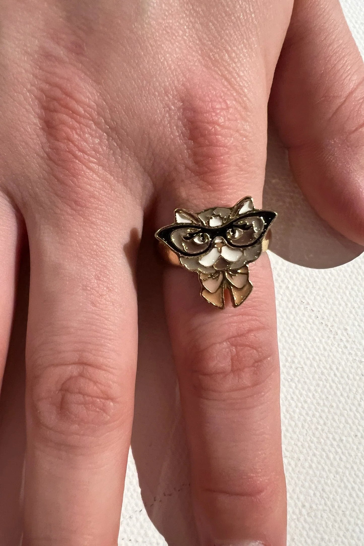 Cat with Glasses Enamelled Gold Ring