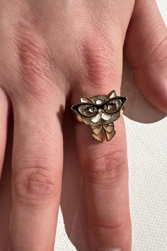 Cat with Glasses Enamelled Gold Ring