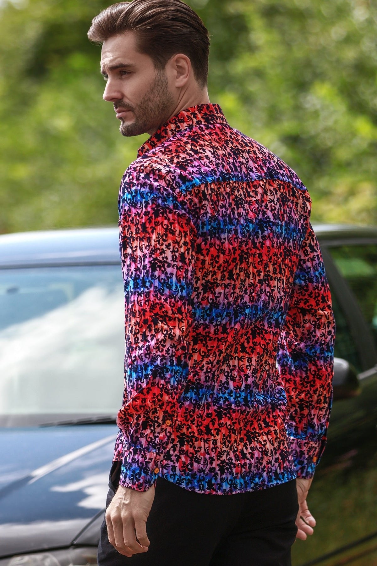 Tie-Dye Floral Flocking Shirt with Luxury Textured Finish
