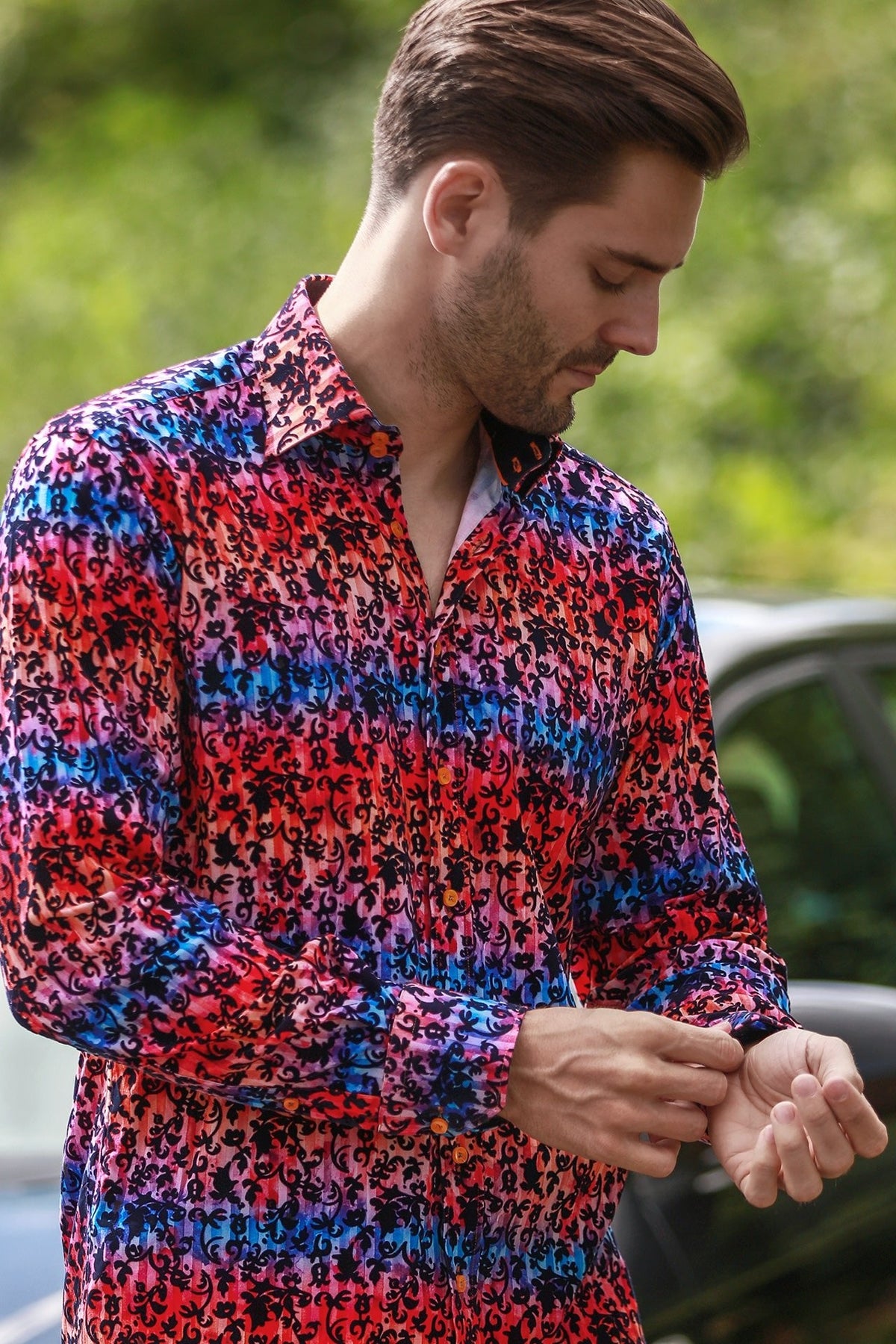 Tie-Dye Floral Flocking Shirt with Luxury Textured Finish