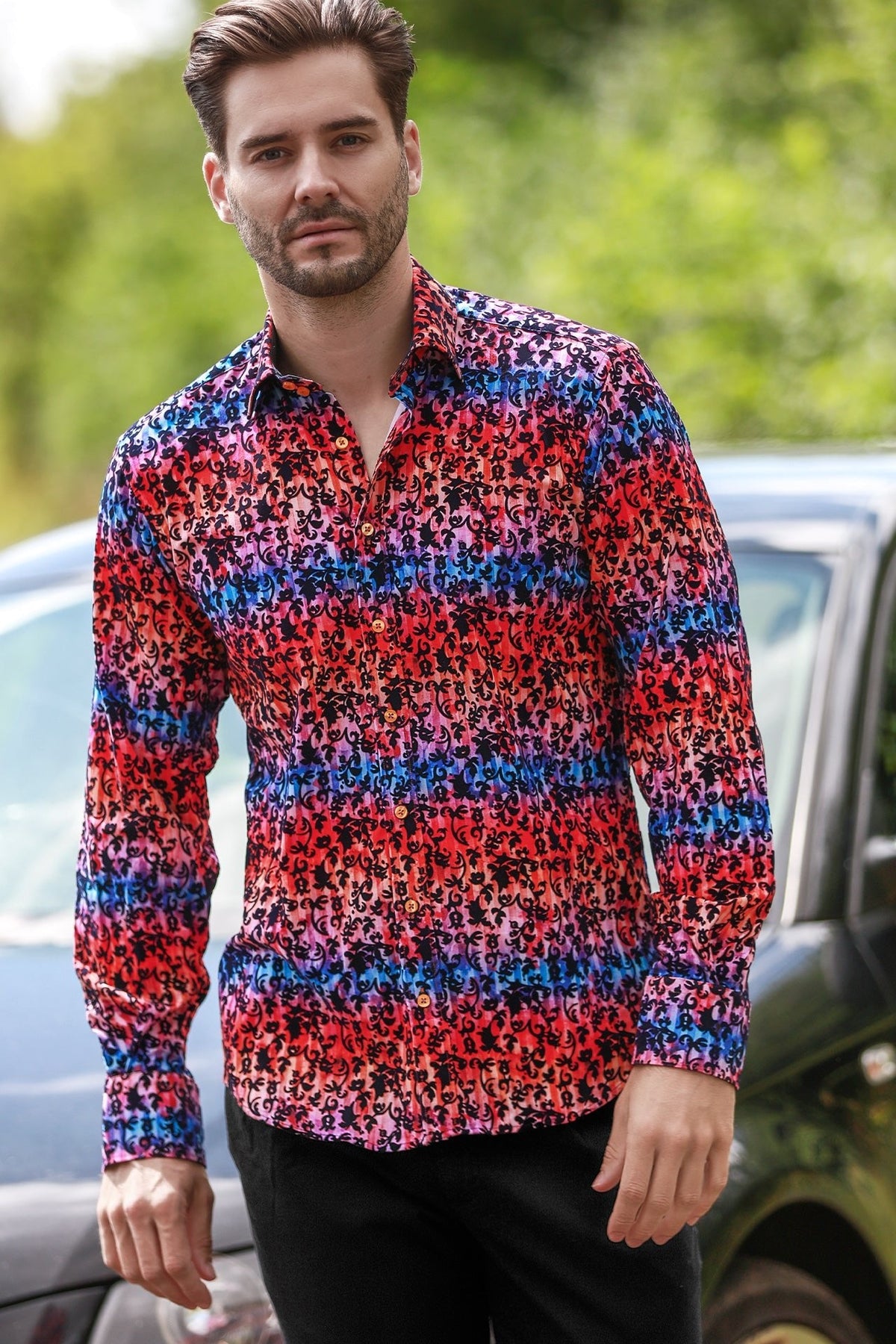 Tie-Dye Floral Flocking Shirt with Luxury Textured Finish