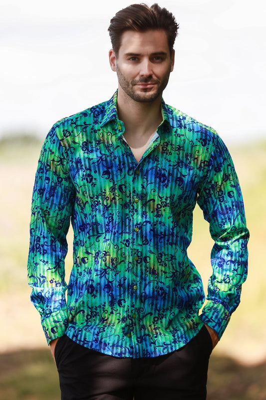 Tie-Dye Floral Flocking Shirt - Green