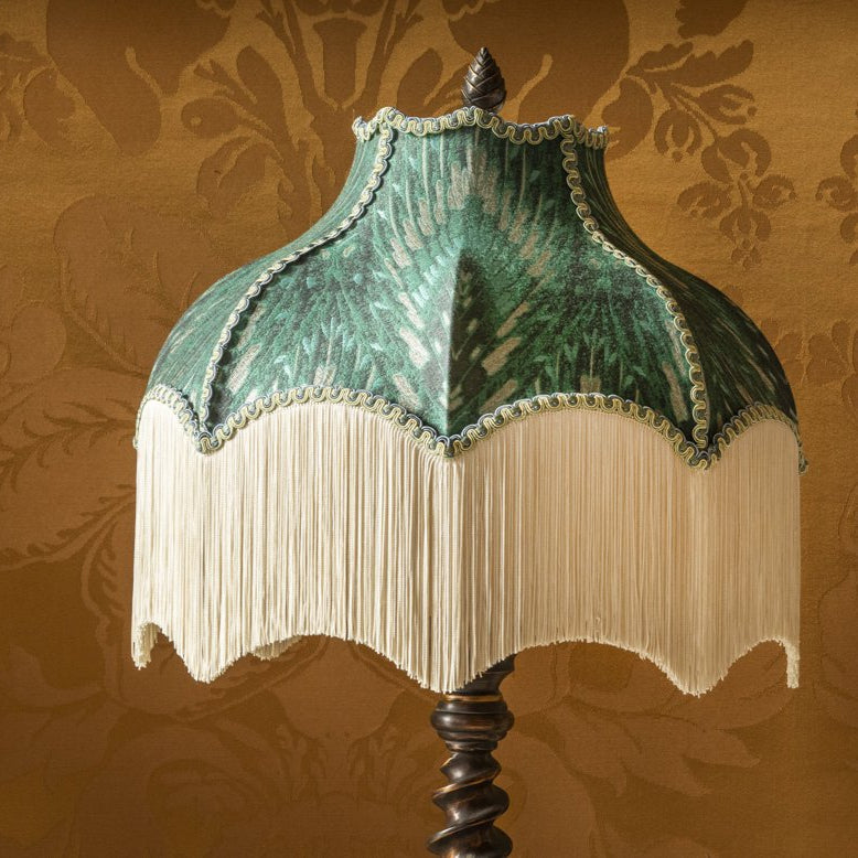 Tinker & Tallulah Flapper green velvet lampshade with cream fringe