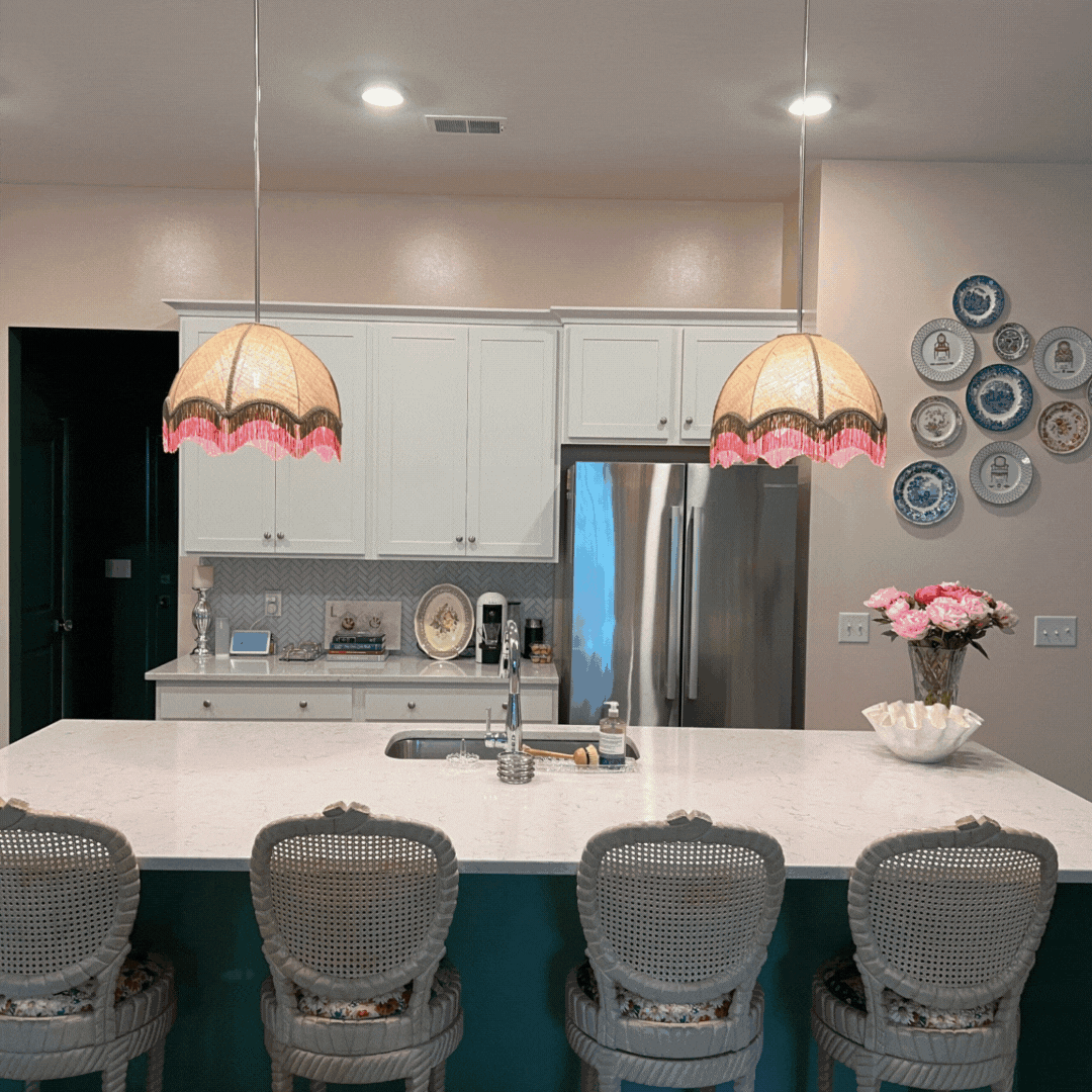 Tinker & Tallulah fringed pendant lampshades above a kitchen island