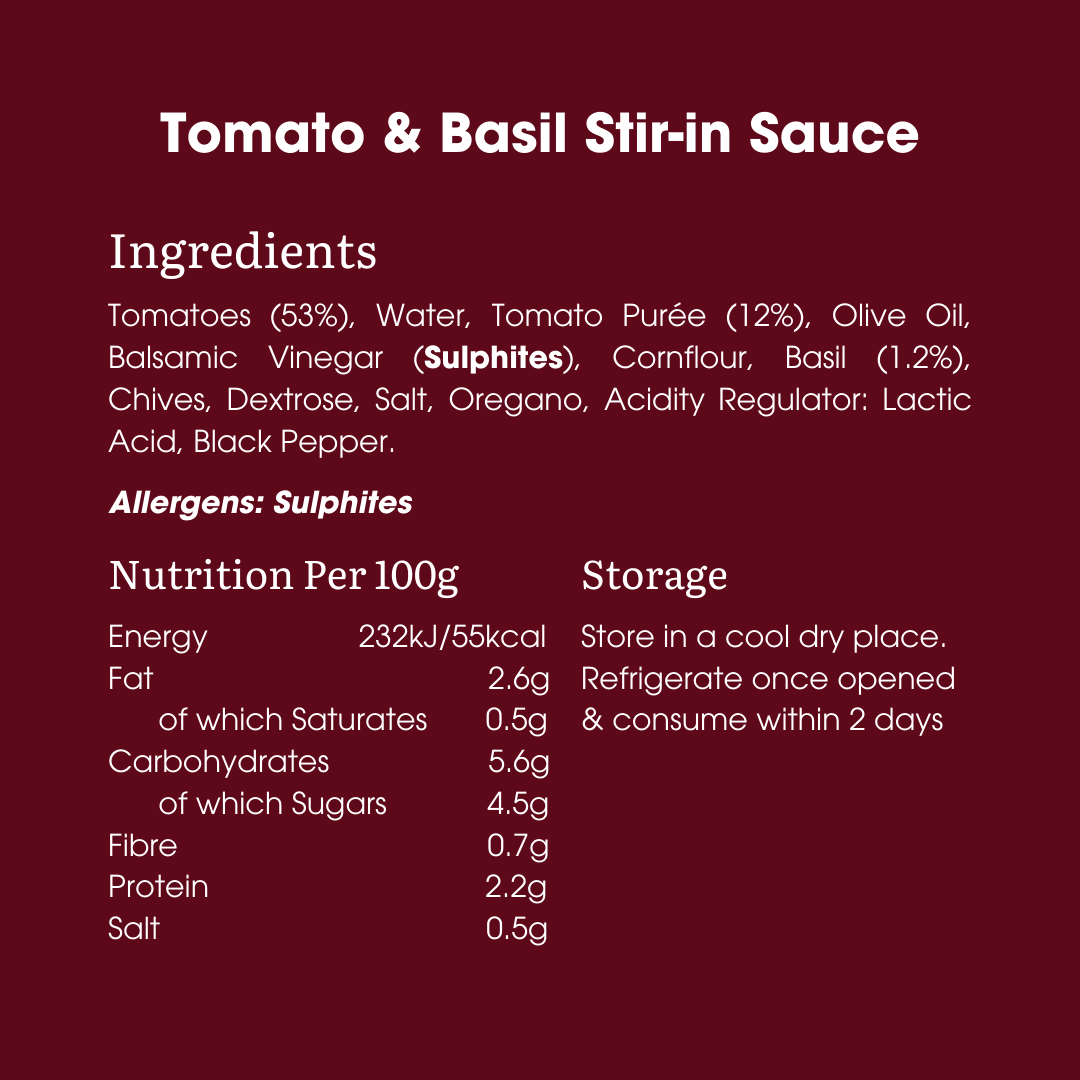 Tomato & Basil Stir-in Sauce 260g – Low FODMAP & Gluten Free