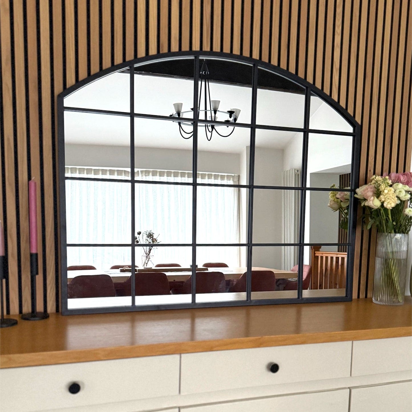 Tomi - Black Metal Arched Lattice Window Mirror - 95cm x 120cm