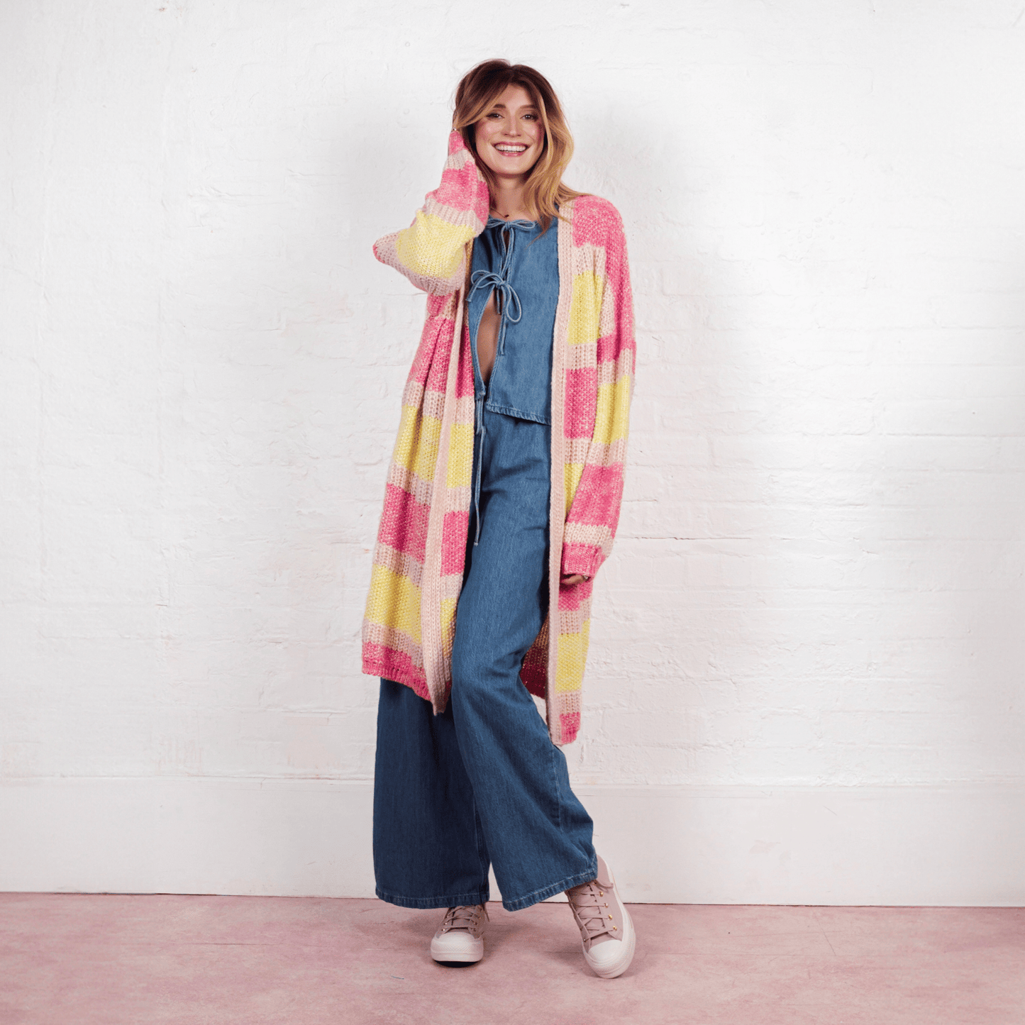 Tracy Stripe Balloon Sleeve Midi Cardigan - Pink